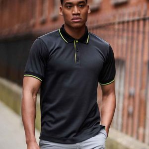 Man wearing Regatta Navigate RG456 Polo Shirt in black with highlight trim, ideal for construction and builder workwear.