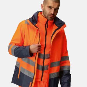 Man wearing RG496 Regatta High Visibility Pro 3-in-1 Jacket, durable and waterproof for enhanced safety.