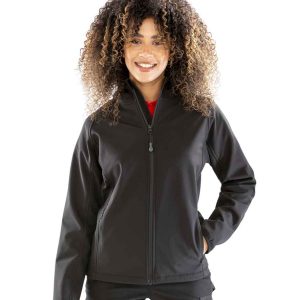 RS911F Result Genuine Recycled ladies' black soft shell jacket with adjustable hood, demonstrating sustainability and style.