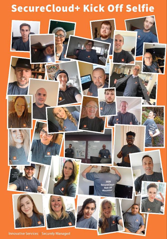 Collage of team members wearing company-branded t-shirts at a sales kickoff event.
