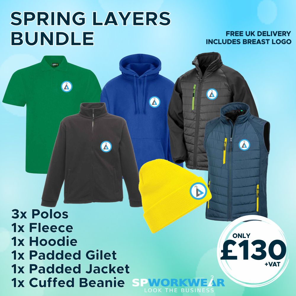 A collection of SP Workwear's Spring Layers Bundle featuring embroidered polos, fleece, hoodie, gilet, jacket, and beanie in a variety of colours