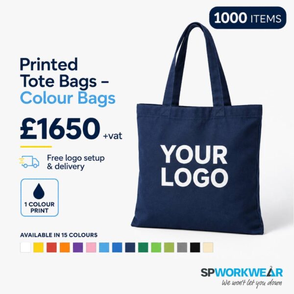 Navy tote bag with "YOUR LOGO" text, advertising 1000 printed tote bags in 15 colors for £1650.