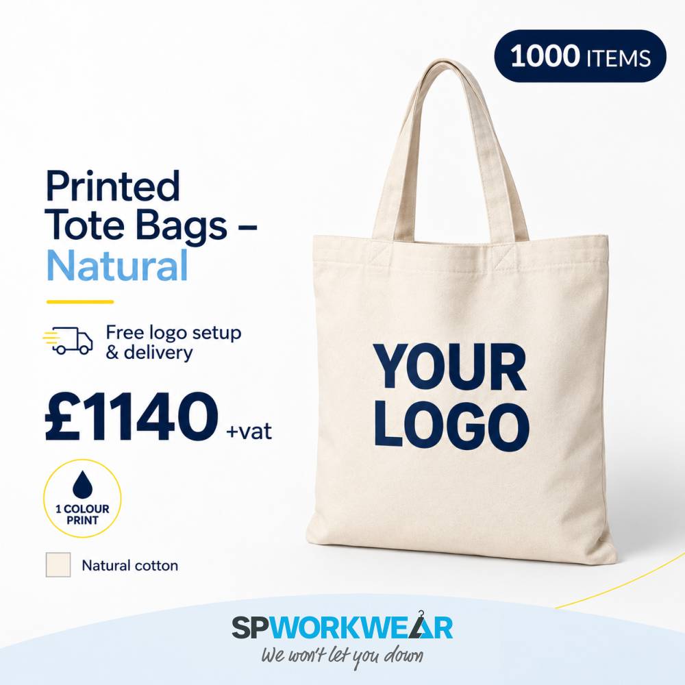 1000x Printed Tote Bags Bundle - Natural Natural cotton tote bag with "Your Logo" design, price and order details on white background.