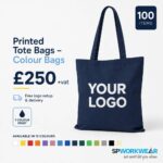 Navy tote bag with "Your Logo" text shown; bundle of 100 bags in assorted colors for £250.