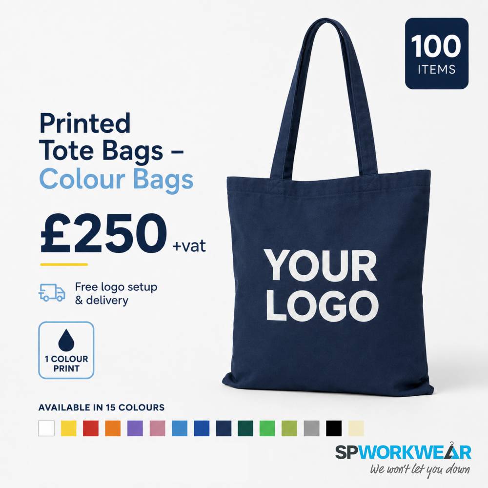 100x Printed Tote Bags Bundle - Coloured Bags Navy tote bag with "Your Logo" text shown; bundle of 100 bags in assorted colors for £250.