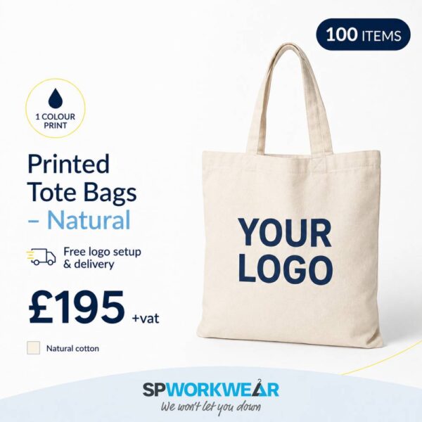 Natural cotton tote bag with "YOUR LOGO" text, price and order info displayed.