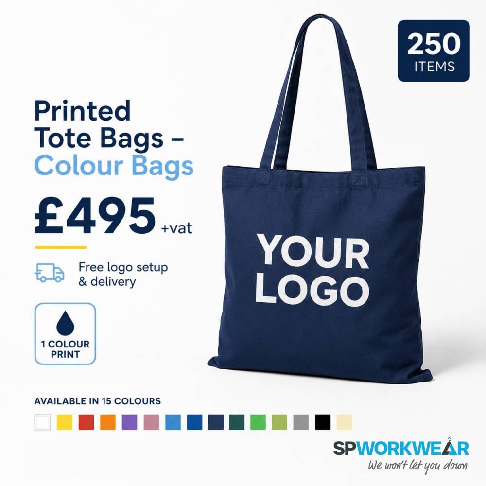 250x Printed Tote Bags Bundle - Coloured Bags Navy tote bag with "YOUR LOGO" text, price £495 for 250 bags, available in 15 colors.