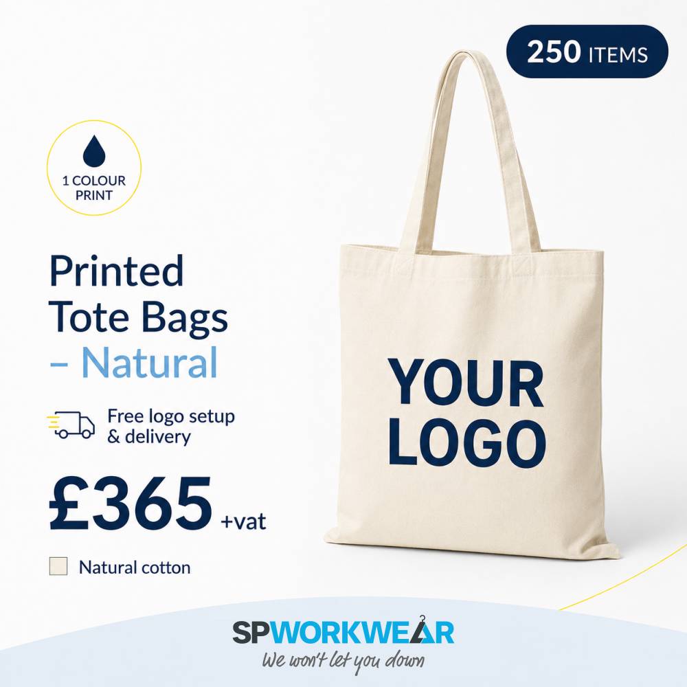 250x Printed Tote Bags Bundle - Natural Natural cotton tote bag with "YOUR LOGO" printed, 250 items for £365, SP Workwear branding.