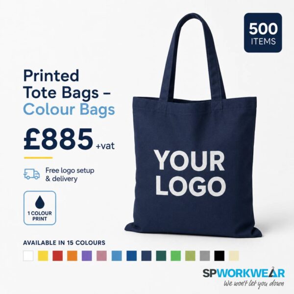 Navy tote bag with "YOUR LOGO" text, priced at £885 for 500 items in 15 color options.