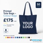 Navy tote bag with "YOUR LOGO" text, bundle of 50, available in multiple colors, £175 plus VAT.