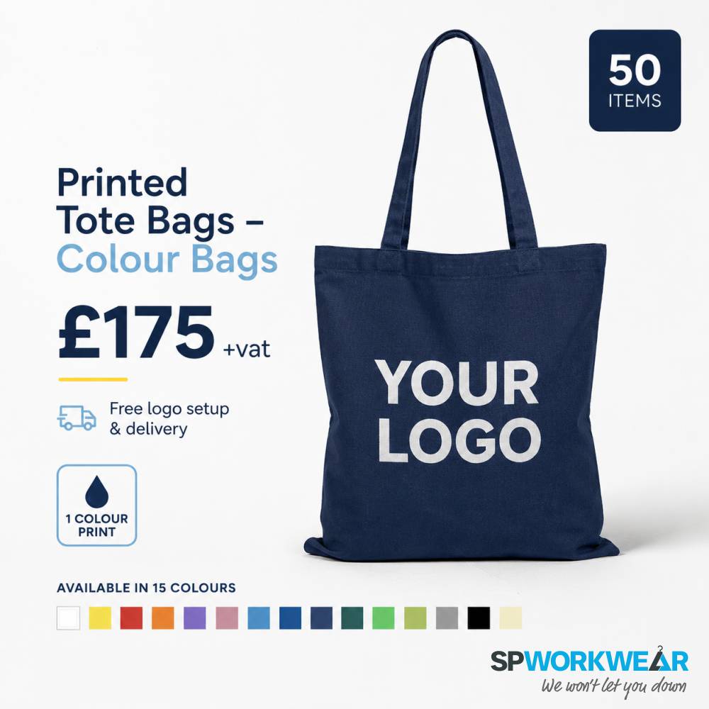 50x Printed Tote Bags Bundle - Coloured Bags Navy tote bag with "YOUR LOGO" text, bundle of 50, available in multiple colors, £175 plus VAT.