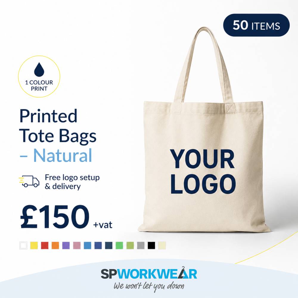 50x Printed Tote Bags Bundle - Natural Natural tote bag with "Your Logo" text, 50 items for £150 plus VAT, includes free setup and delivery.
