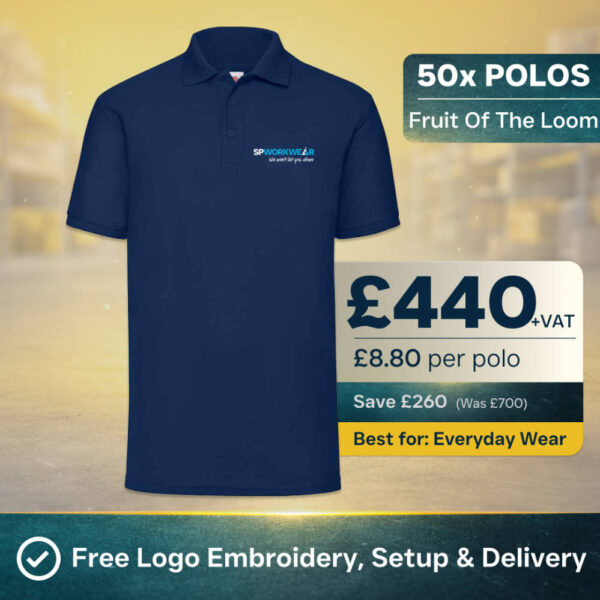 50x Fruit of the Loom Polo Bundle with Logo | Branded Workwear | SP Workwear
