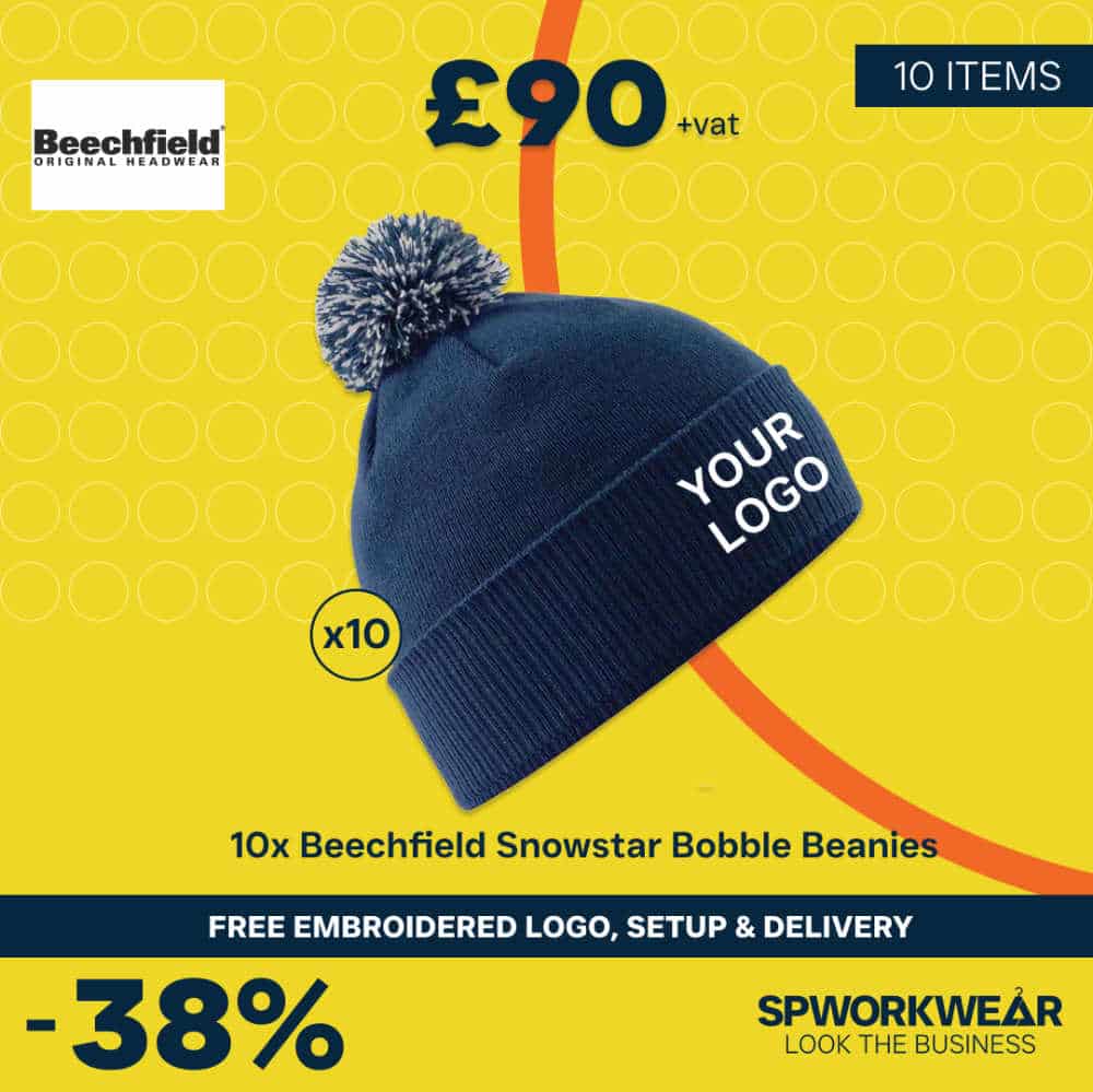 10 embroidered Beechfield Snowstar beanies with logo