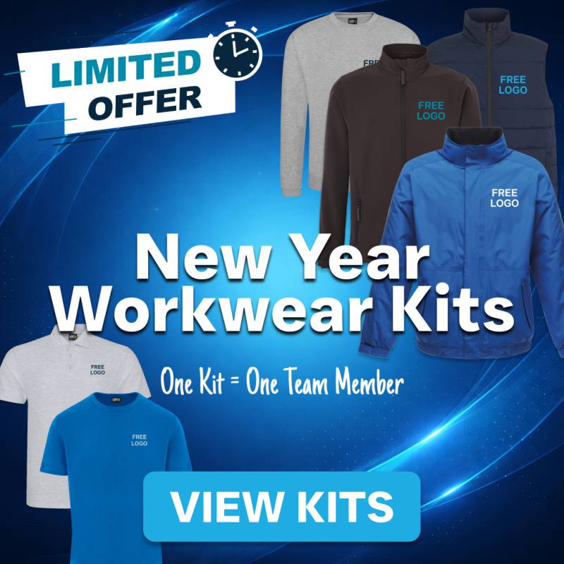 Branded workwear kits showing jackets, fleeces and tops designed for team uniforms and staff clothing