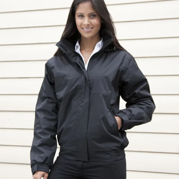 Result Core Channel Jacket RS221F black female model wearing waterproof workwear jacket