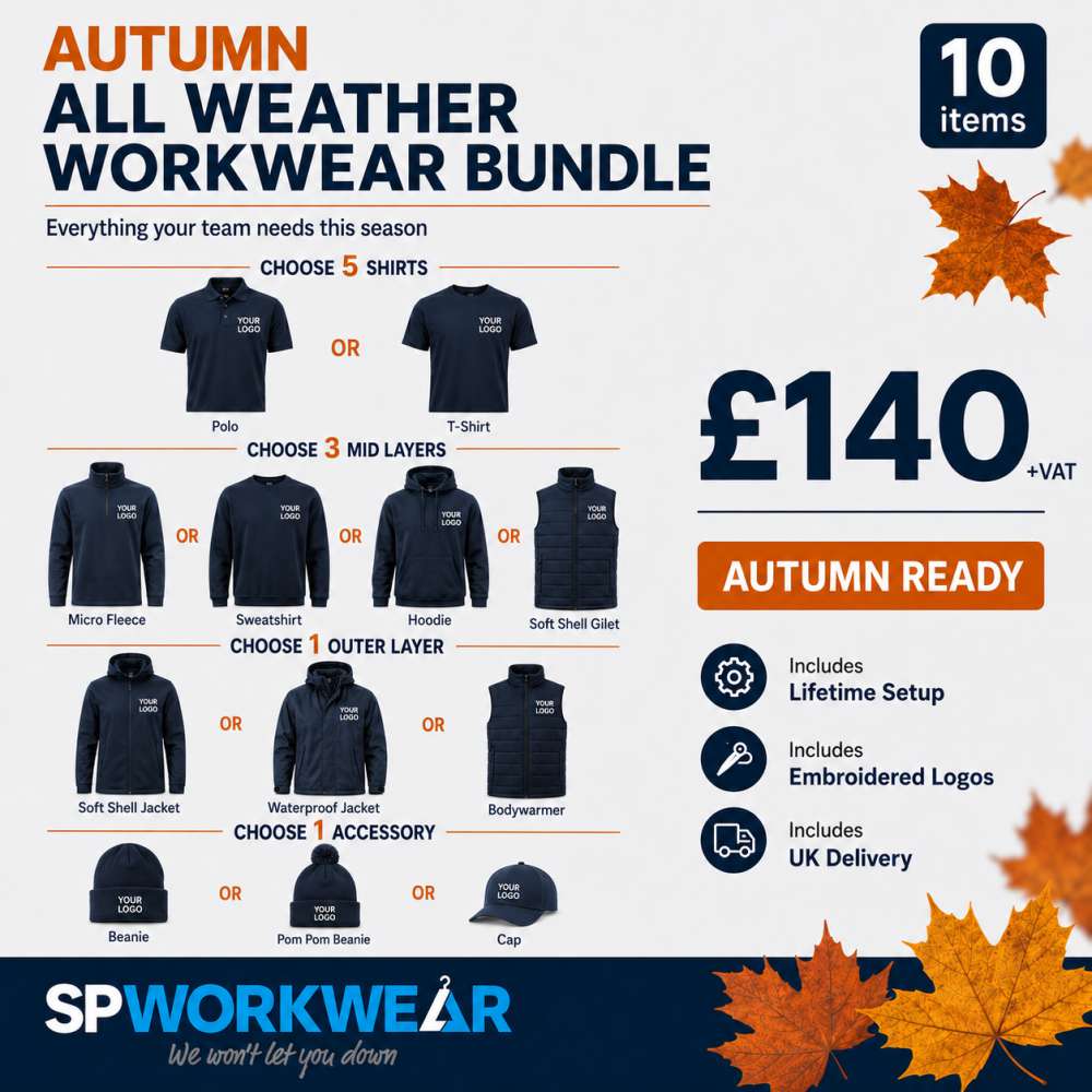 Autumn All Weather Workwear Bundle – 10 Items £140 Autumn All Weather Workwear Bundle with shirts, mid layers, waterproof jacket, soft shell jacket, bodywarmer and branded headwear