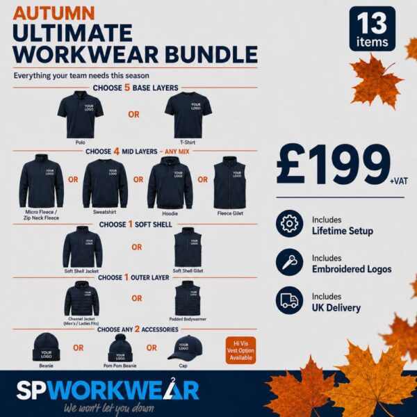Workwear bundle offer with 13 clothing items, embroidered logos, and autumn leaves, priced at £199.