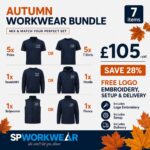 Autumn workwear bundle offer with polos, t-shirts, sweatshirt, hoodie, bodywarmer, and fleece.