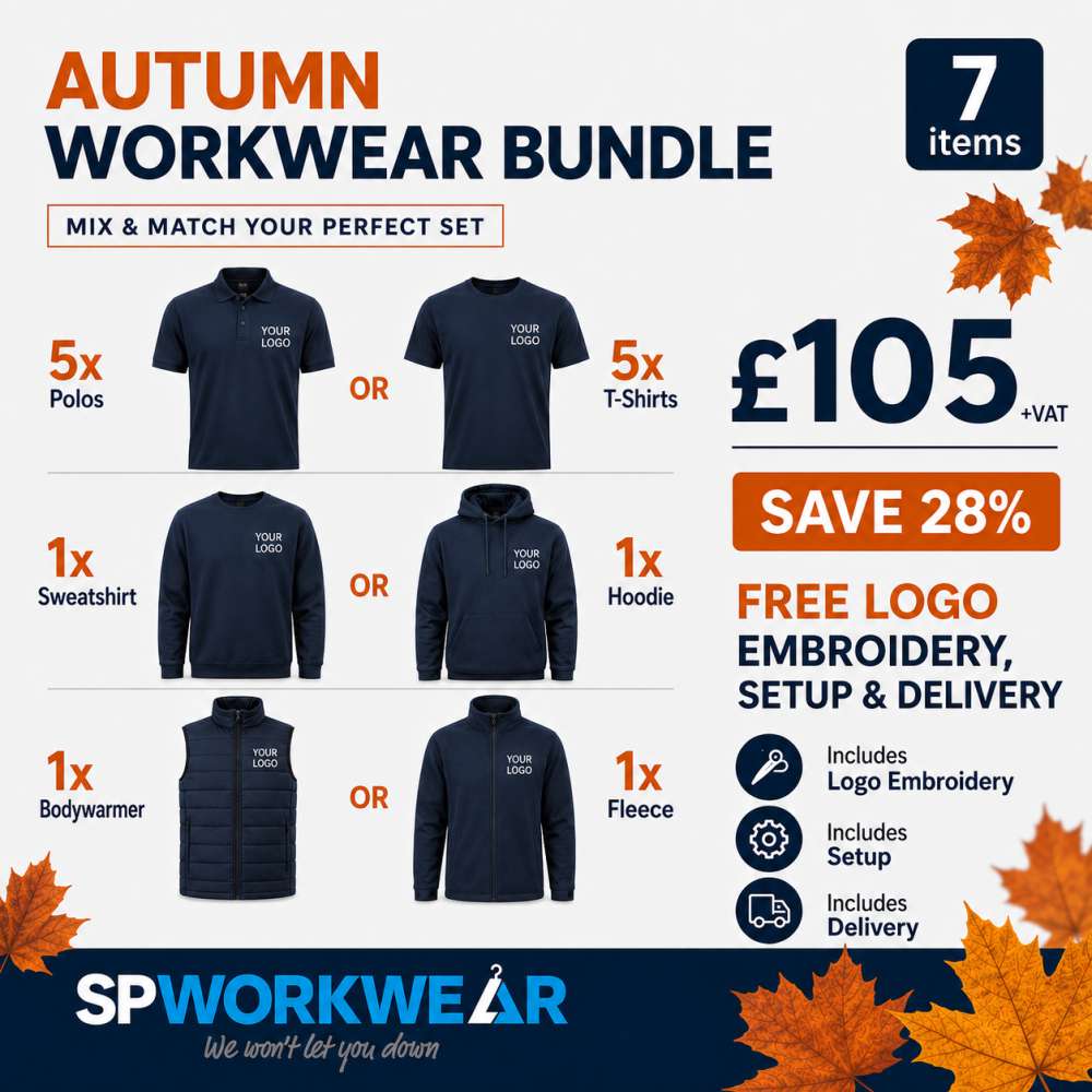 Autumn workwear bundle offer with polos, t-shirts, sweatshirt, hoodie, bodywarmer, and fleece.