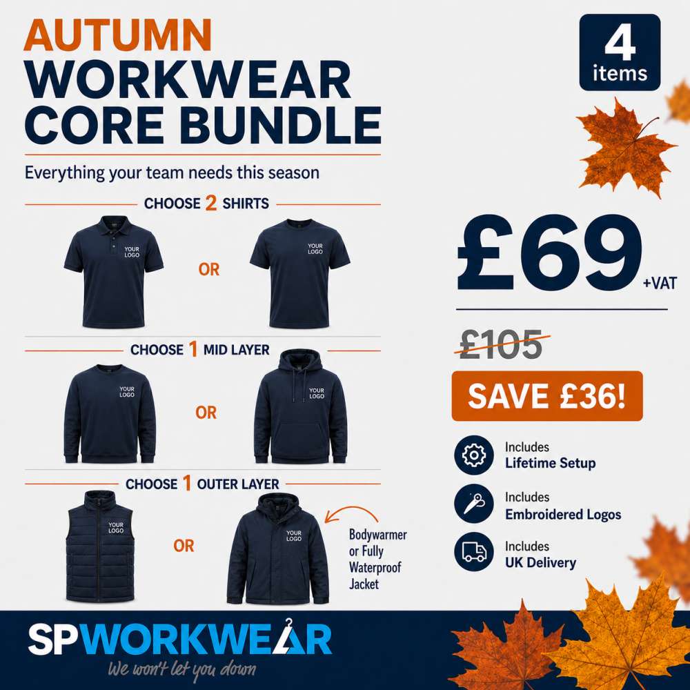 Autumn workwear bundle: shirts, mid layer, outer layer for £69 plus VAT. Save £36. SP Workwear offer.