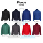 Eight fleece jackets in different colors: black, dark navy, blue, green, grey, red, and bordeaux.