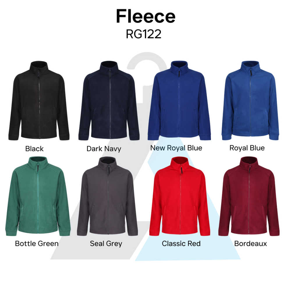 Eight fleece jackets in different colors: black, dark navy, blue, green, grey, red, and bordeaux.