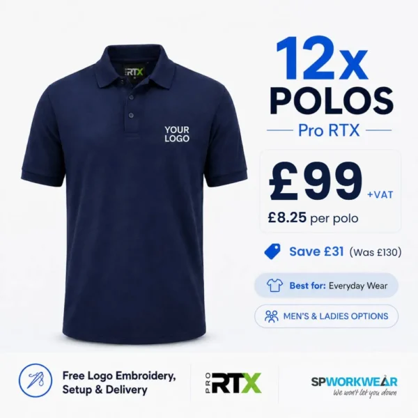 12 Pro RTX polo shirts embroidered with your logo, £99 plus VAT