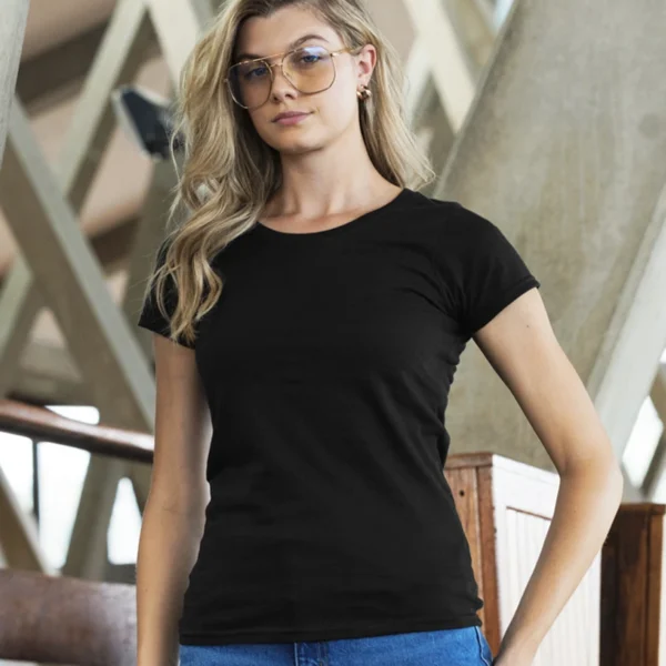 Russell Ladies Authentic Classic Ringspun T-Shirt in Black, worn