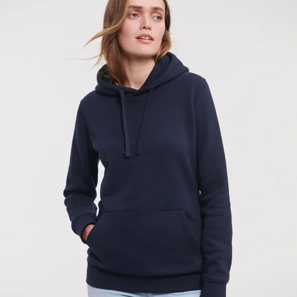 Russell Ladies Authentic Hooded Sweatshirt in French Navy, worn