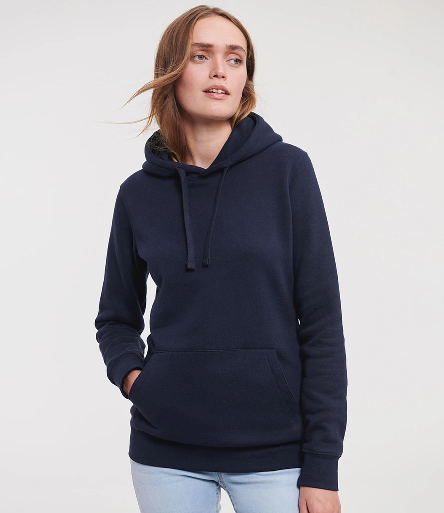 Russell Ladies Authentic Hooded Sweatshirt in French Navy, worn