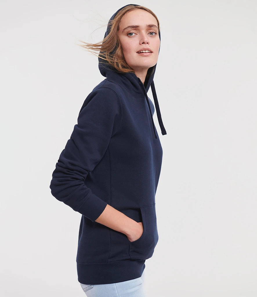 Russell Ladies Authentic Hooded Sweatshirt in French Navy, worn