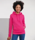 Russell Ladies Authentic Hooded Sweatshirt in Fuchsia, worn
