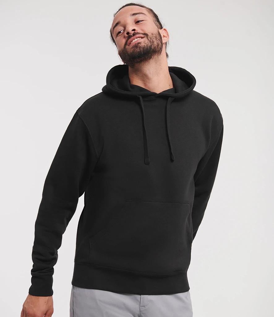 Russell Authentic Hooded Sweatshirt, worn