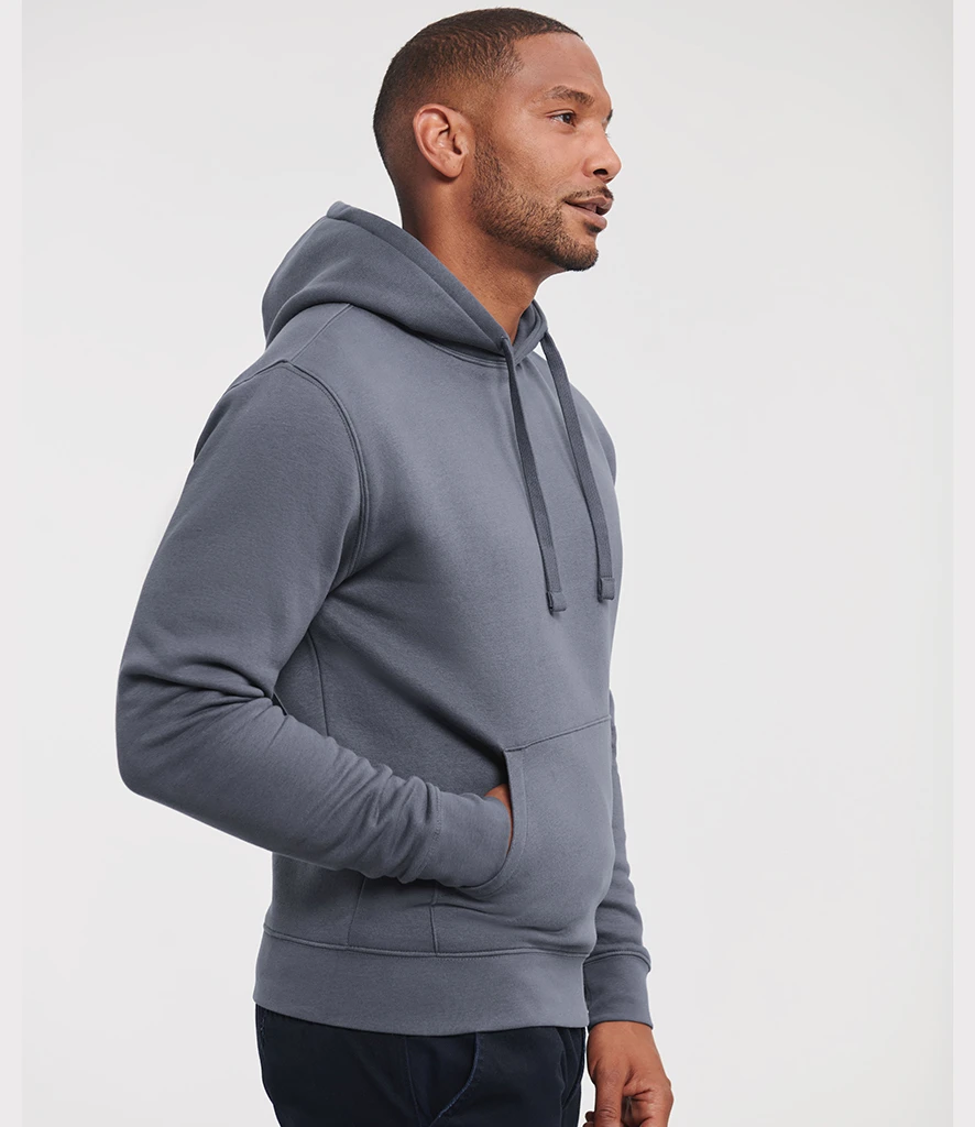Russell Authentic Hooded Sweatshirt, worn