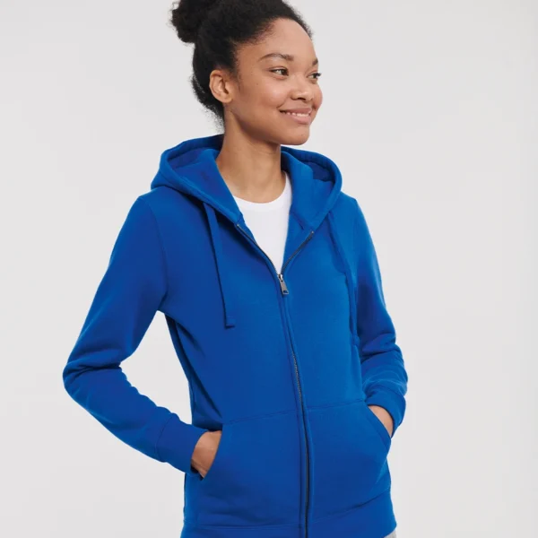 Russell Ladies Authentic Zip Hooded Sweatshirt in Bright Royal, worn