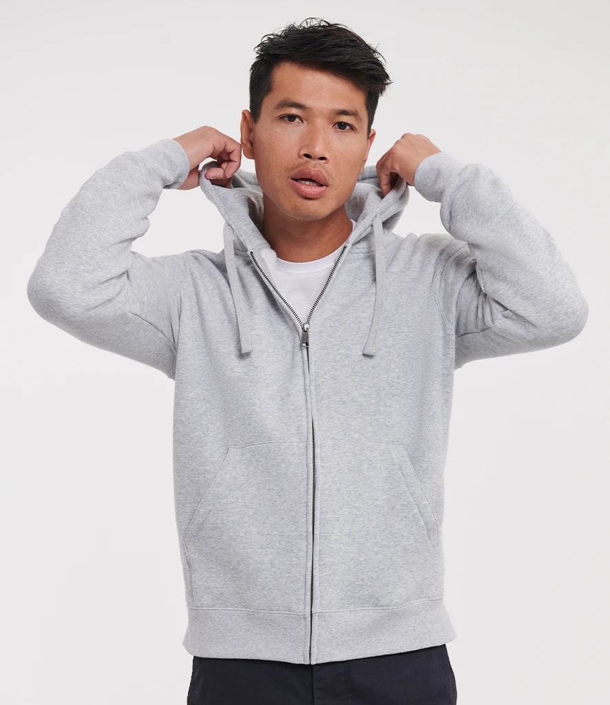 Russell Authentic Zip Hooded Sweatshirt, worn