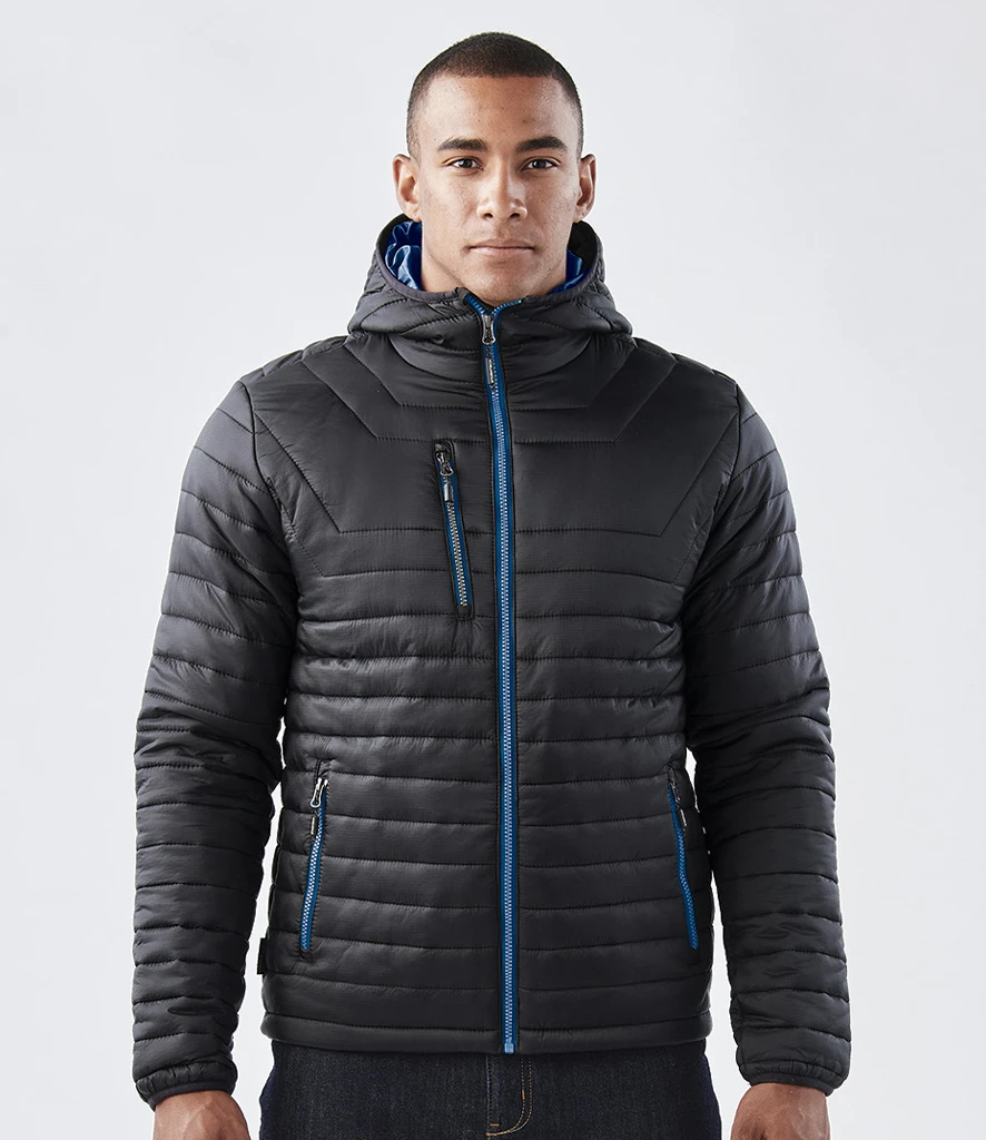 afp1-b-mrb-model Stormtech Gravity Thermal Jacket in Black/Marine Blue, worn