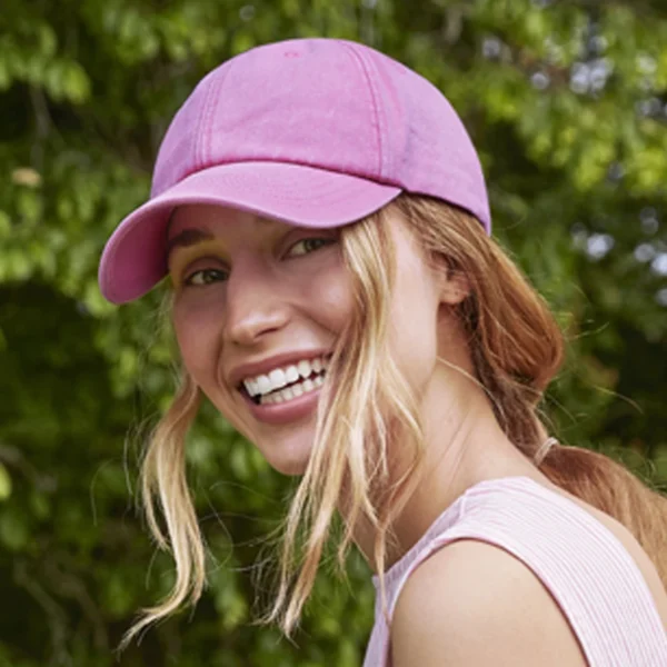 Beechfield Low Profile Vintage Cap in Vintage True Pink, worn