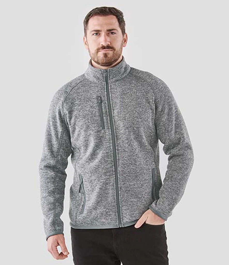 fhz1-grh-model Stormtech Avalante Full Zip Knitted Fleece Jacket in Granite Heather, worn