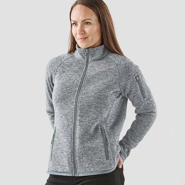 Stormtech Ladies Avalante Full Zip Knitted Fleece Jacket in Granite Heather, worn