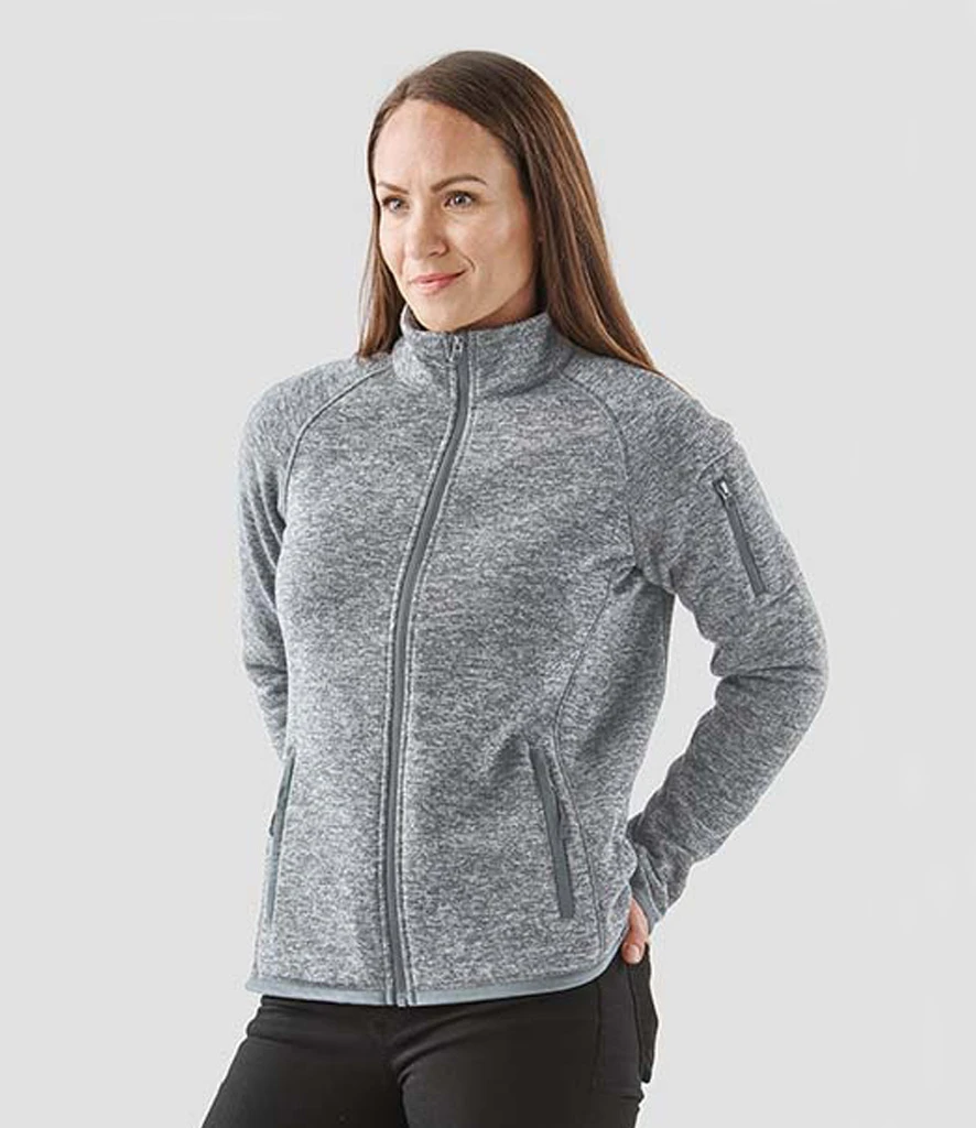 fhz1w-grh-model Stormtech Ladies Avalante Full Zip Knitted Fleece Jacket in Granite Heather, worn