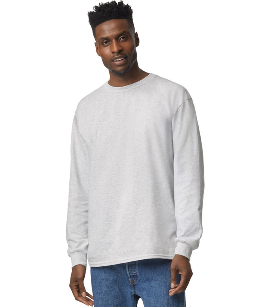 Gildan Ultra Cotton Long Sleeve T-Shirt in Ash, worn
