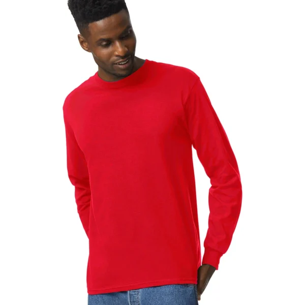 Gildan Ultra Cotton Long Sleeve T-Shirt in Red, worn