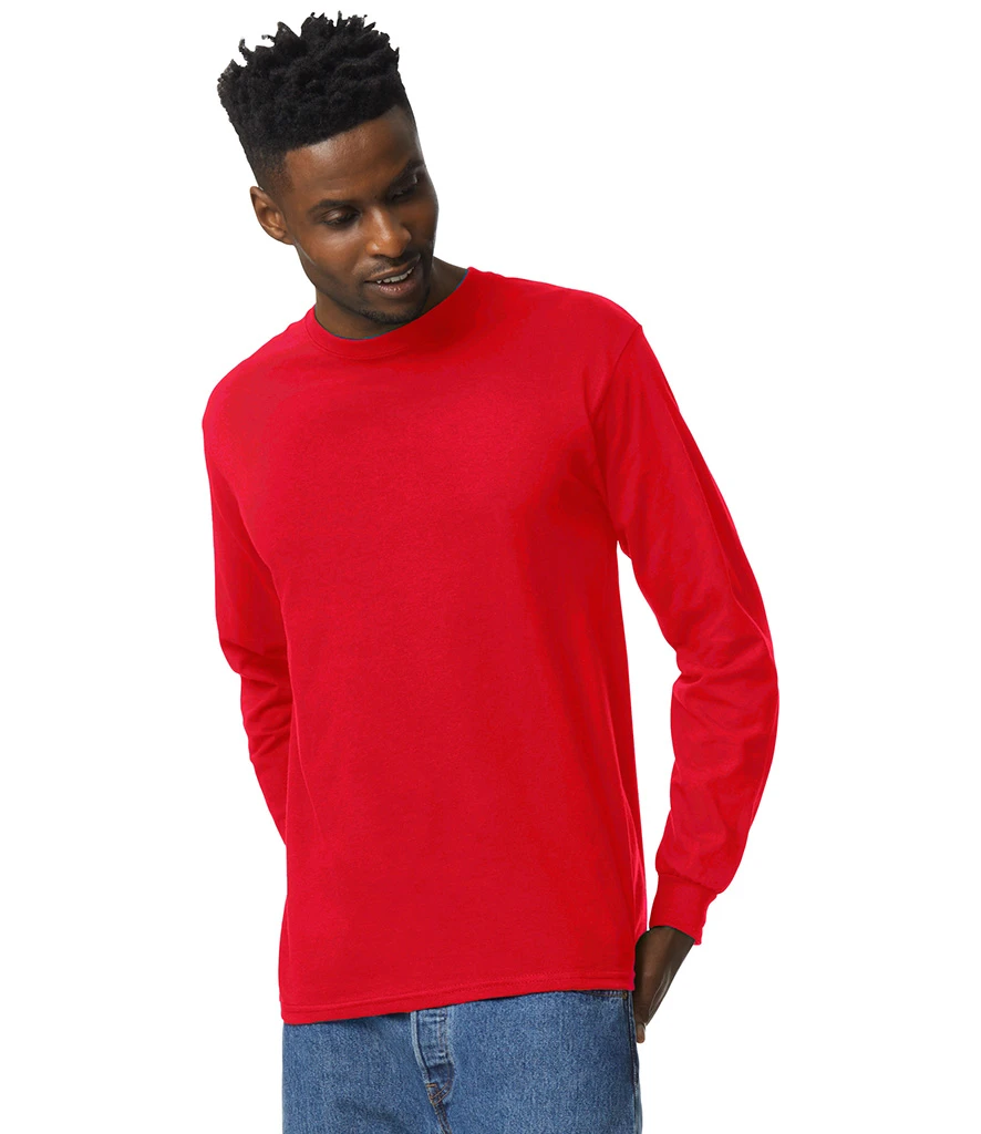 gd14-red-model Gildan Ultra Cotton Long Sleeve T-Shirt in Red, worn