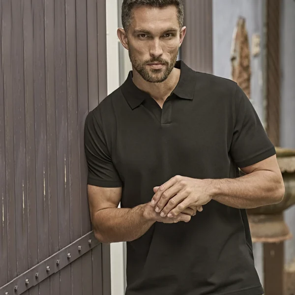 Tee Jays Luxury Stretch V Neck Polo Shirt in Black, worn