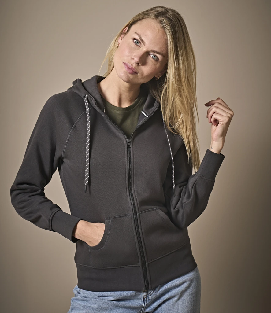 Tee Jays Ladies Fashion Zip Hooded Sweatshirt in Dark Grey, worn