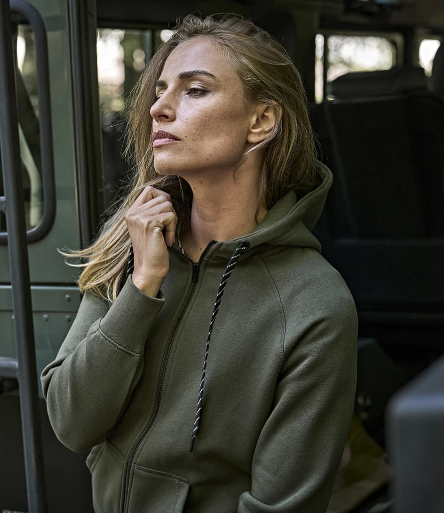 Tee Jays Ladies Fashion Zip Hooded Sweatshirt in Deep Green, worn