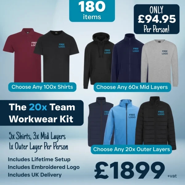 The 20x Team Workwear Kit, £1,899 plus VAT (£94.95 per person), with embroidered logo, setup and UK delivery included
