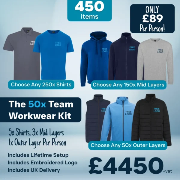 The 50x Team Workwear Kit, £4,450 plus VAT (£89 per person), with embroidered logo, setup and UK delivery included